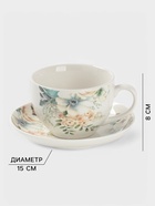 Чайная пара Доляна «Цветы», 2 предмета: чашка, 250 мл, блюдце d=15 см, фарфор, белая - Фото 2