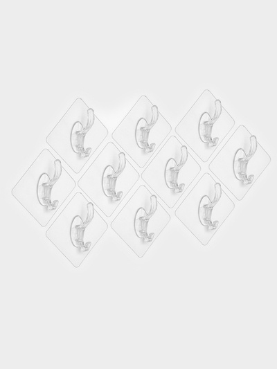 Крючки самоклеящиеся настенные прозрачные, с двойным крюком, 6.5×6.5 см, 10 шт.