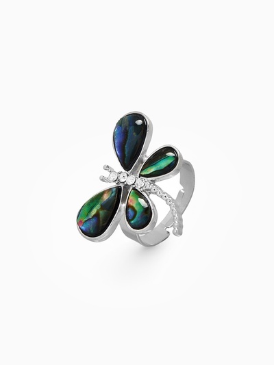 Кольцо безразмерное «Стрекоза», галиотис, зелёное в серебре