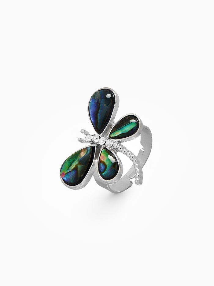 Кольцо безразмерное «Стрекоза», галиотис, зелёное в серебре - Фото 1
