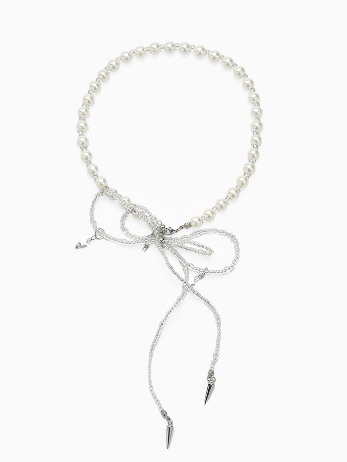 Бусы «Бантик», с жемчугом, белые в серебре, 37 см
