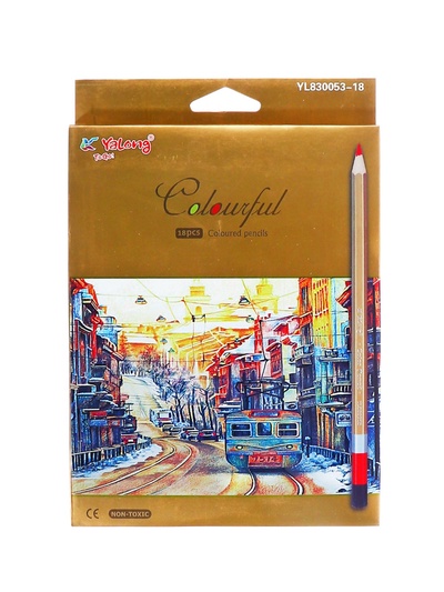 УЦЕНКА Карандаши 18 цветов, в картонной коробке, шестигранные, корпус золото, деревянные, Пейзаж 1