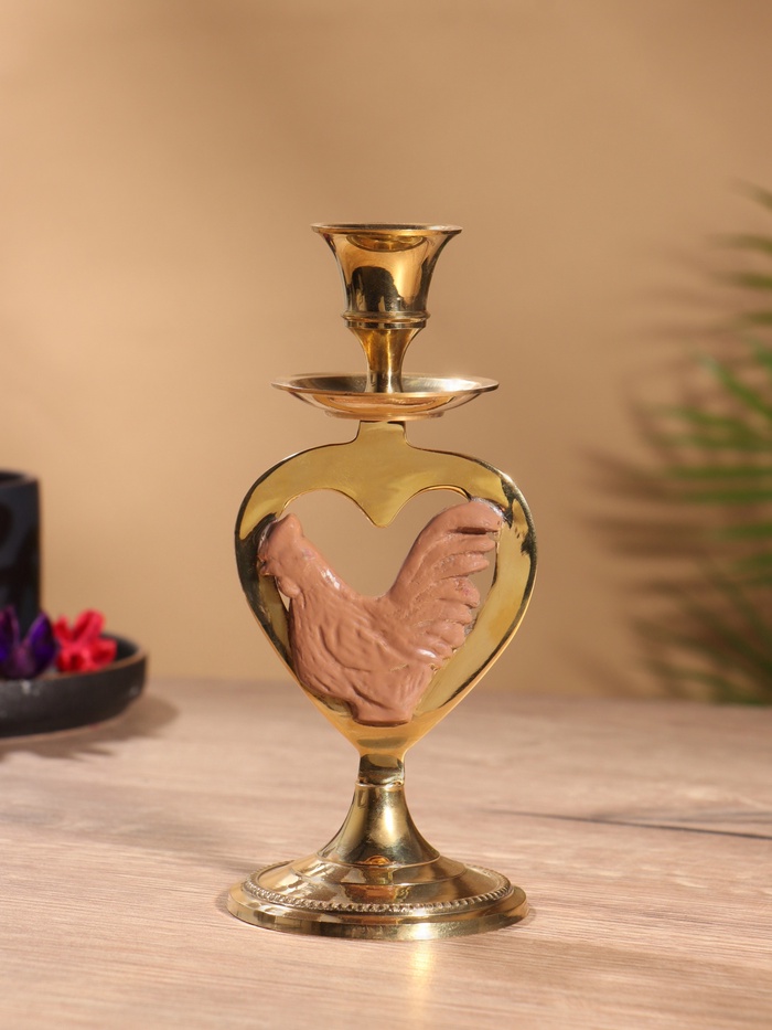 Подсвечник на 1 свечу «Петушок в сердце», латунь, коричневый с золотом, 7×8×16.5 см