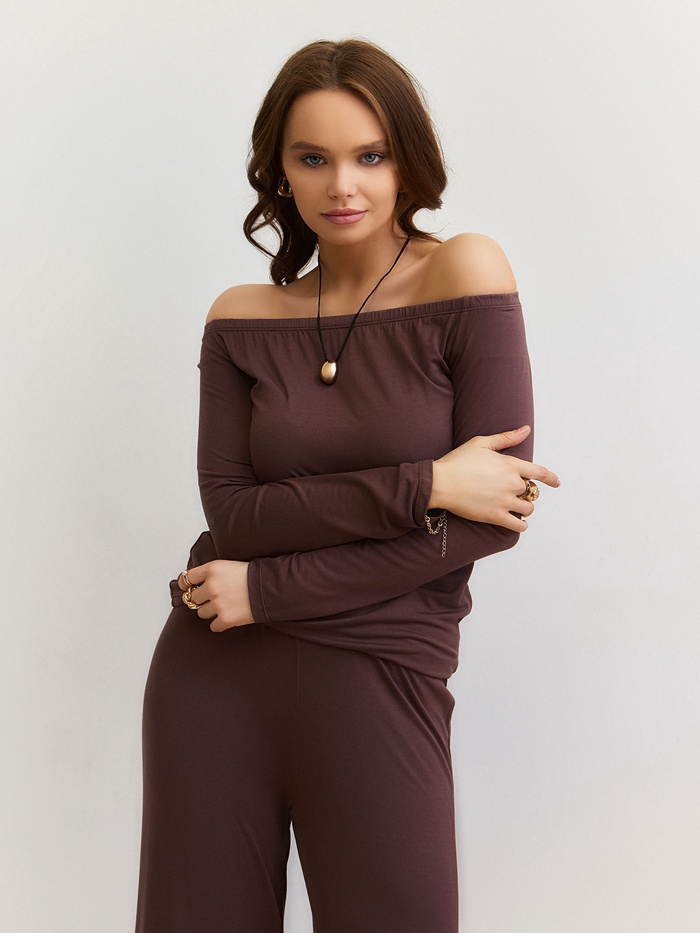 Лонгслив с открытыми плечами женский MIST, размер L, коричневый