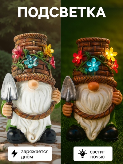 Садовая фигура из полистоуна «Гном с лопатой», 24×14×13.5 см, с подсветкой