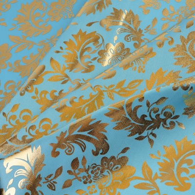 Ткань атлас для рукоделия и шитья, ширина 150 см, золотой узор на голубом