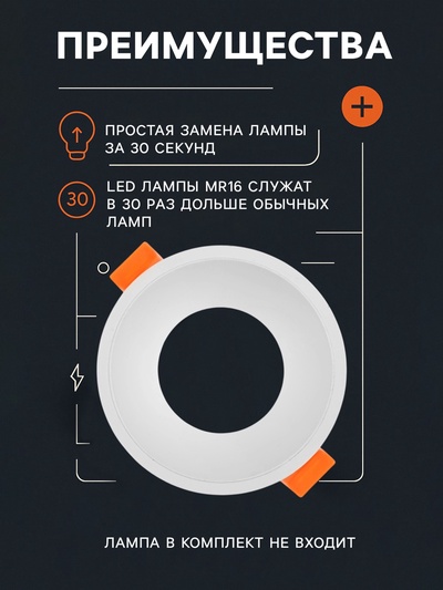Светильник встраиваемый под лампу MR-16, круглый, пластиковый, белый