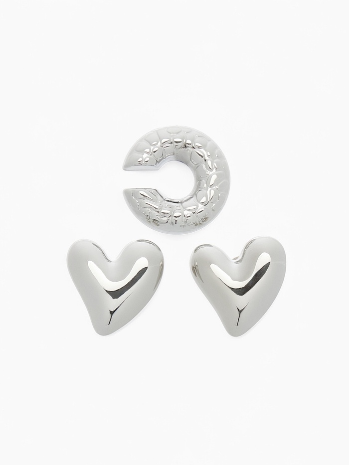 Серьги и каффы QF «Сердечки», набор, бублик, цвет серебро