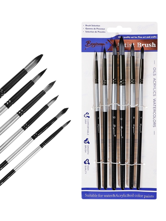 Набор кистей для рисования, синтетика, 6 штук: № 2, 4, 6, 8, 10, 12, круглые, международный размер - Фото 1