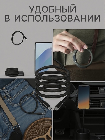 Кабель Type-C - Type-C, магнитный, 3 А, 60 Вт, с оплёткой, серый