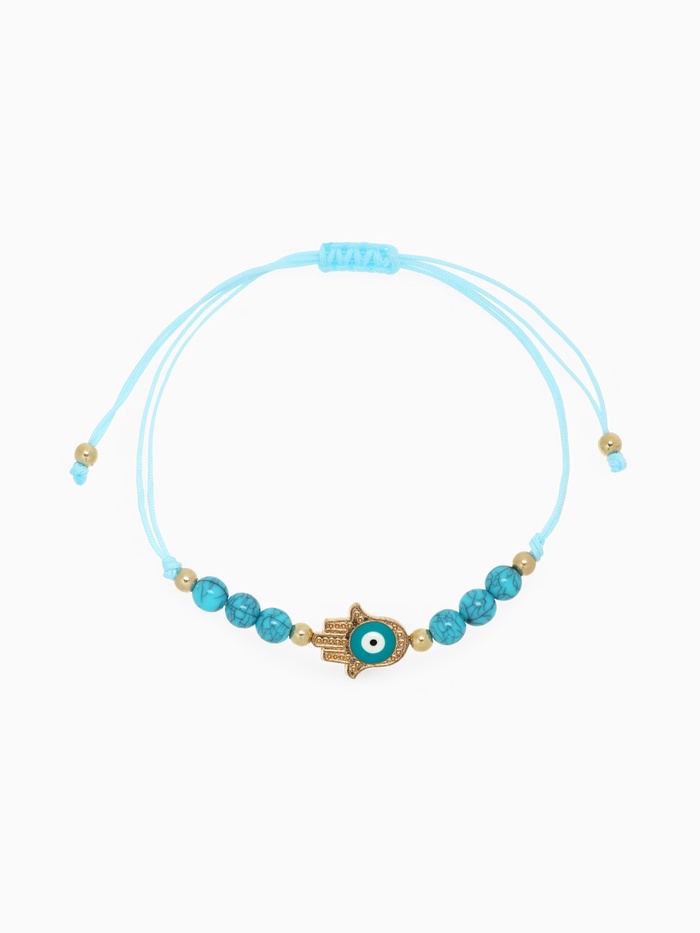 Браслет-оберег «Глазик» на нити, рука Хамса, голубой в золоте - Фото 1