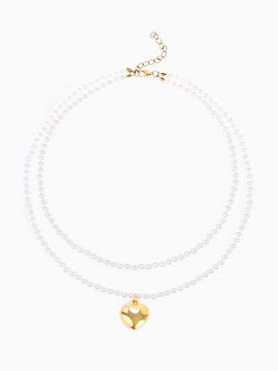 Кулон с жемчугом «Сердце» бусина №6, белый в золоте, 45 см