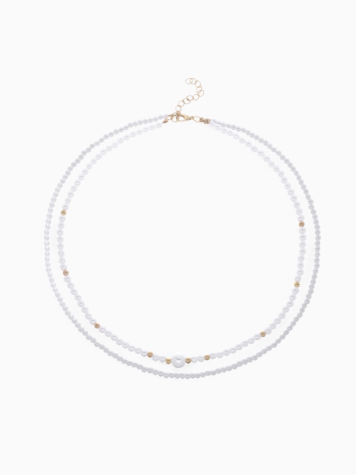 Бусы с жемчугом «Бусина», два ряда №4+6, белые в золоте, 50 см - Фото 1