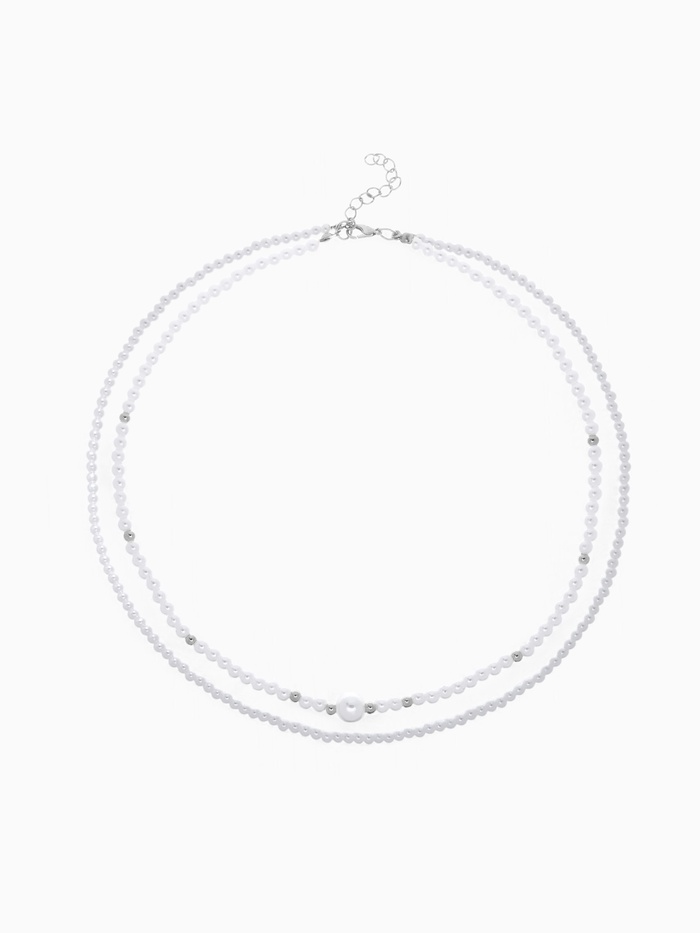 Бусы с жемчугом «Бусина», два ряда №4+6, белые в серебре, 50 см - Фото 1