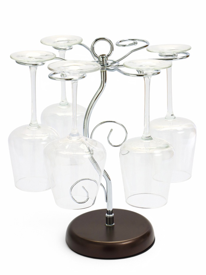 Подставка для бокалов, серебристая с коричневым основанием, на 6 бокалов