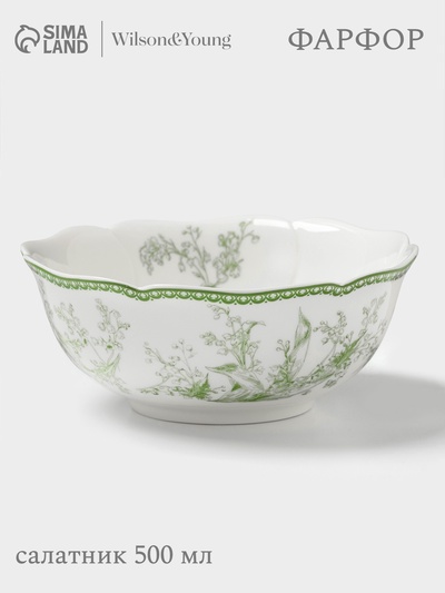 Салатник WY Bloomware, 500 мл, 15×6 см, фарфор, белый, зелёный