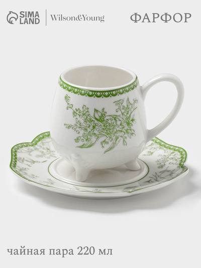 Чайная пара WY Bloomware, 2 предмета; чашка 220 мл, блюдце 15 см, фарфор, белая, зелёная