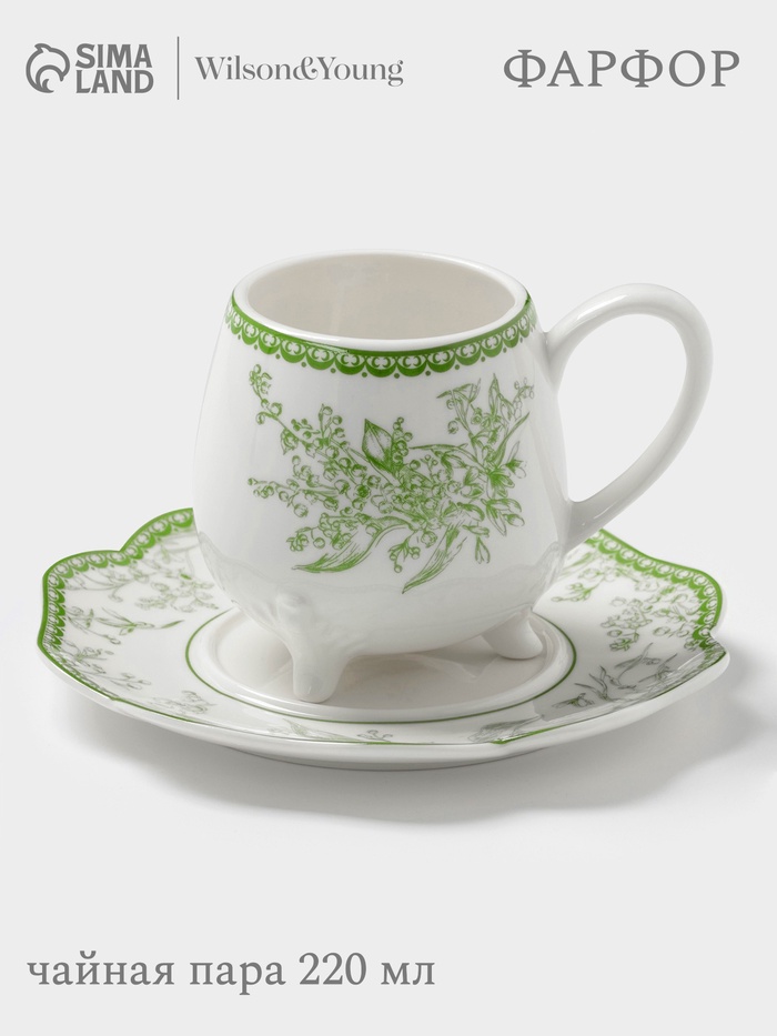 Чайная пара WY Bloomware, 2 предмета; чашка 220 мл, блюдце 15 см, фарфор, белая, зелёная - Фото 1