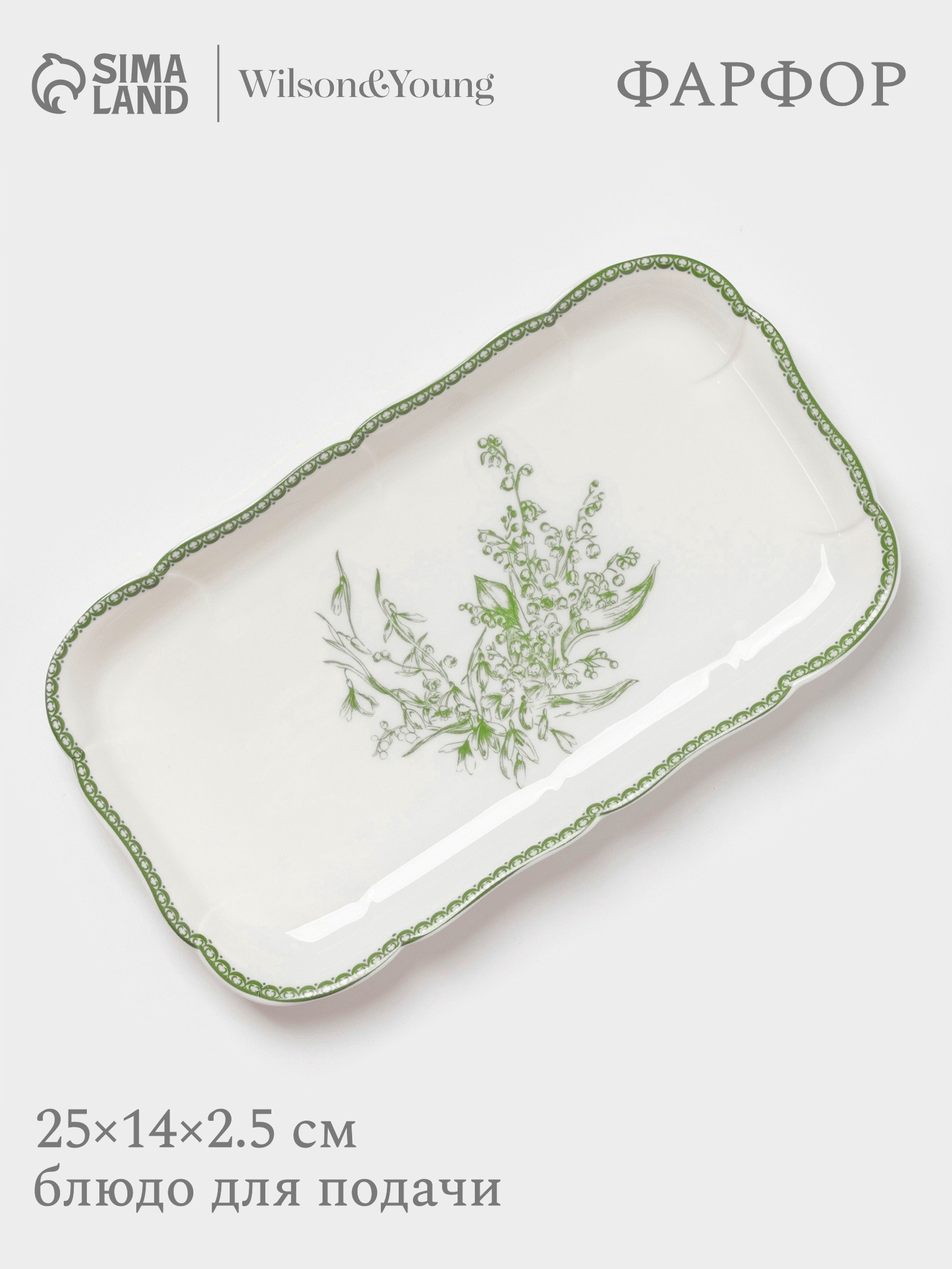 Блюдо для подачи WY Bloomware, 25×14×2.5 см, фарфор, зелёное/белое