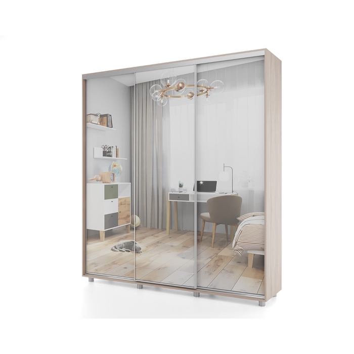 Шкаф - купе трёхдверный PRIME, 2070×604×2300 мм, 3 зеркала, цвет ясень шимо светлый - Фото 1