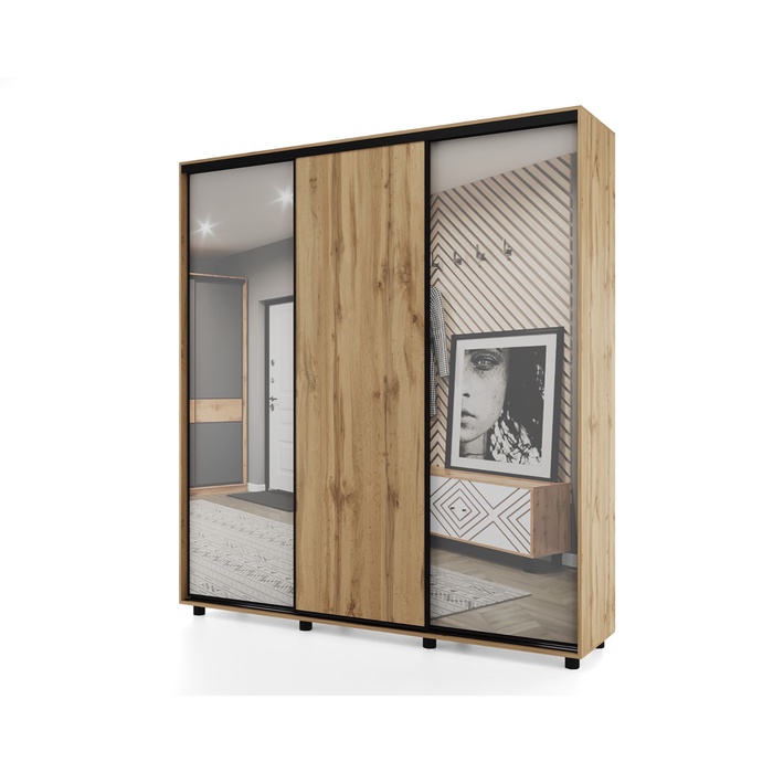 Шкаф-купе PRIME, 3 двери, 2 зеркала, 2070×604×2300 мм, цвет дуб вотан - Фото 1