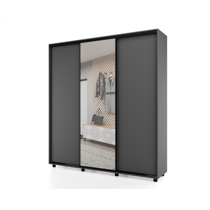 Шкаф-купе PRIME, 3 двери, зеркало, 1770×604×2300 мм, цвет тёмно – серый - Фото 1