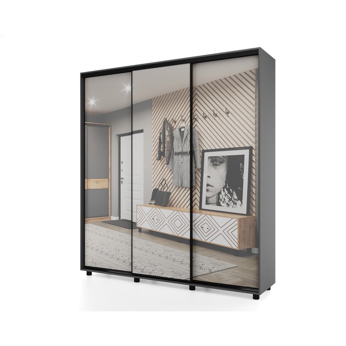 Шкаф – купе PRIME, 3 двери, 3 зеркала, 1770×604×2300 мм, цвет тёмно – серый - Фото 1