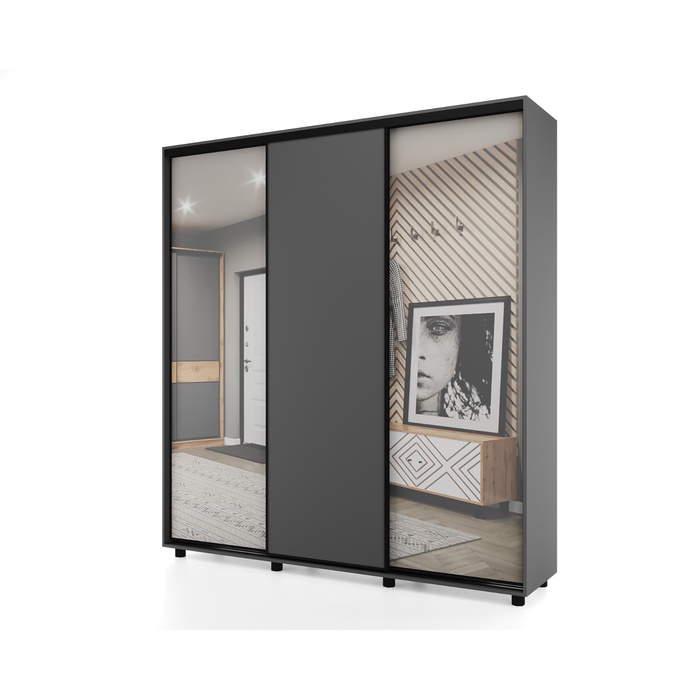 Шкаф – купе PRIME, 3 двери, 2 зеркала, 2070×604×2300 мм, цвет тёмно – серый - Фото 1