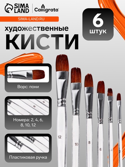 Набор кистей для рисования, пони - синтетика, 6 штук: № 2, 4, 6, 8, 10, 12, плоские, прозрачные ручки, международный размер