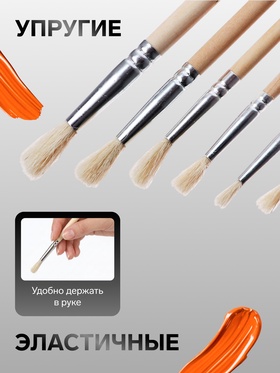 Набор кистей для рисования, коза, 6 штук: № 2, 4, 6, 8, 10, 12, круглые, деревянная ручка, международный размер