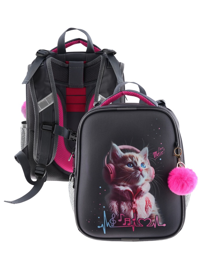 Рюкзак каркасный, школьный, 38×30×16 см, эргономичная спинка «Котик в наушниках» - Фото 1