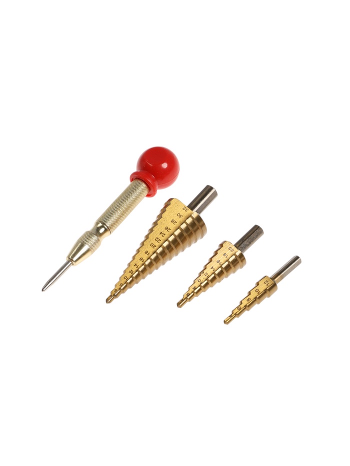 Набор сверл ступенчатых с кернером ТУНДРА, HSS, трехгранный хвостовик, 4-12, 4-20, 4-32 мм - Фото 1