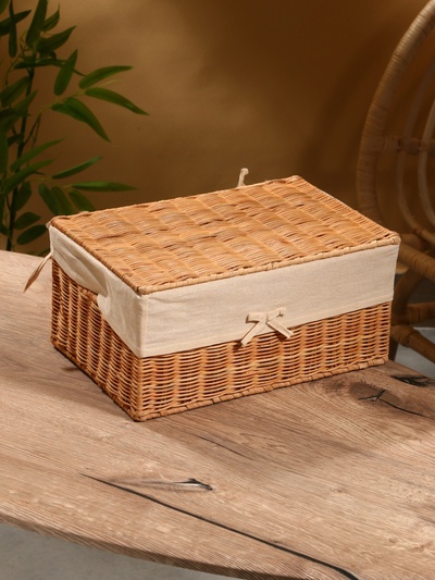 Корзинка прямоугольная с крышкой и тканевым подкладом, 33×22×15 см, ротанг