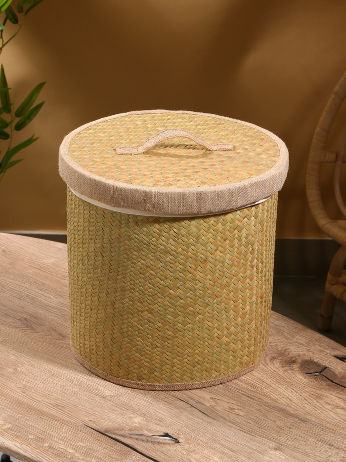 Корзина для белья с крышкой и тканевым подкладом, 30×30×30 см, ротанг - Фото 1