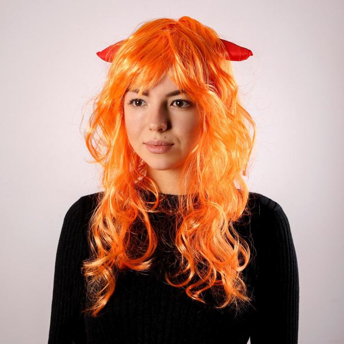 Карнавальный парик, с красными рогами, цвет рыжий, 130 г - Фото 1