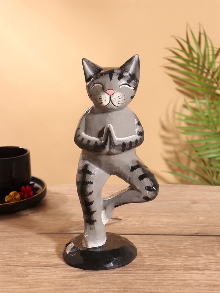 Сувенир интерьерный «Кот-йог», 28 см, дерево