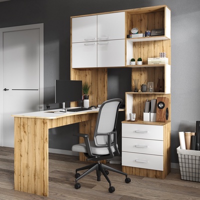 Стол компьютерный №1, левый, 1280×2000×1450 мм, цвет дуб вотан/белый