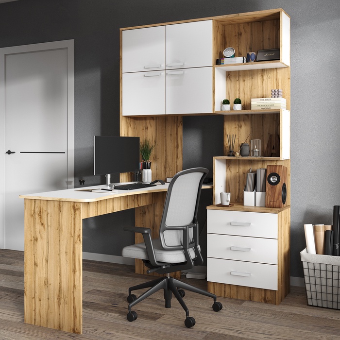 Стол компьютерный №1, левый, 1280×2000×1450 мм, цвет дуб вотан/белый - Фото 1