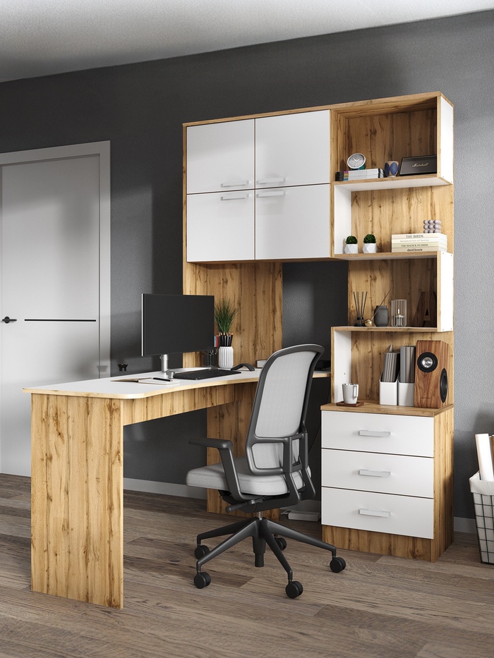 Стол компьютерный №1, левый, 1280×2000×1450 мм, цвет дуб вотан/белый - Фото 1