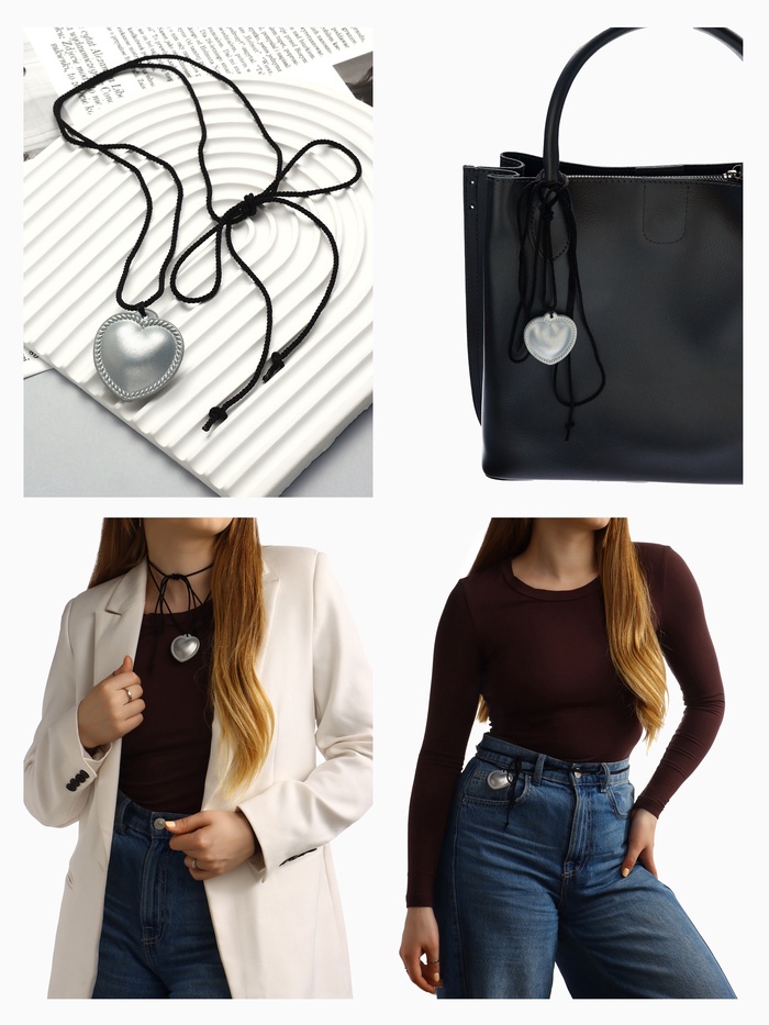 Чокер/кулон на шнурке «Сердечко» кожа, трансформер, цвет серебро, 150 см - Фото 1