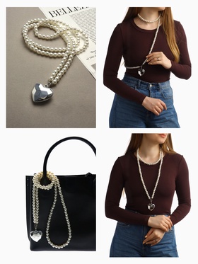 Портупея жемчужнаяс кулоном «Сердце», 129 см, белая в серебре