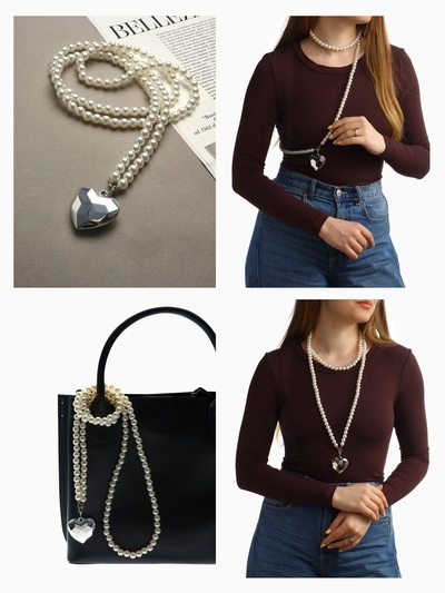 Портупея жемчужная с кулоном «Сердце», 129 см, белая в серебре