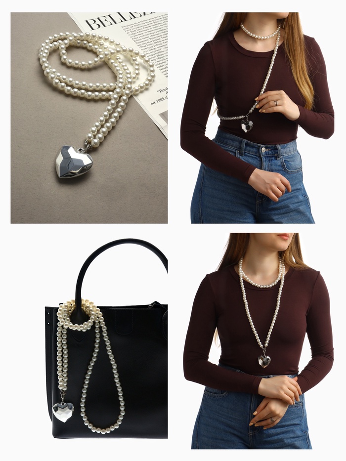 Портупея жемчужная с кулоном «Сердце», 129 см, белая в серебре - Фото 1