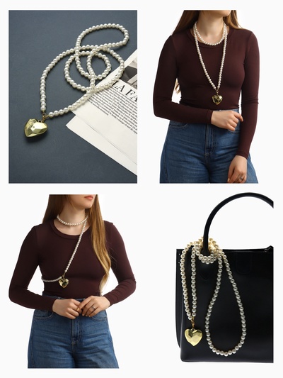 Портупея жемчужная с кулоном «Сердце», 129 см, белая в золоте