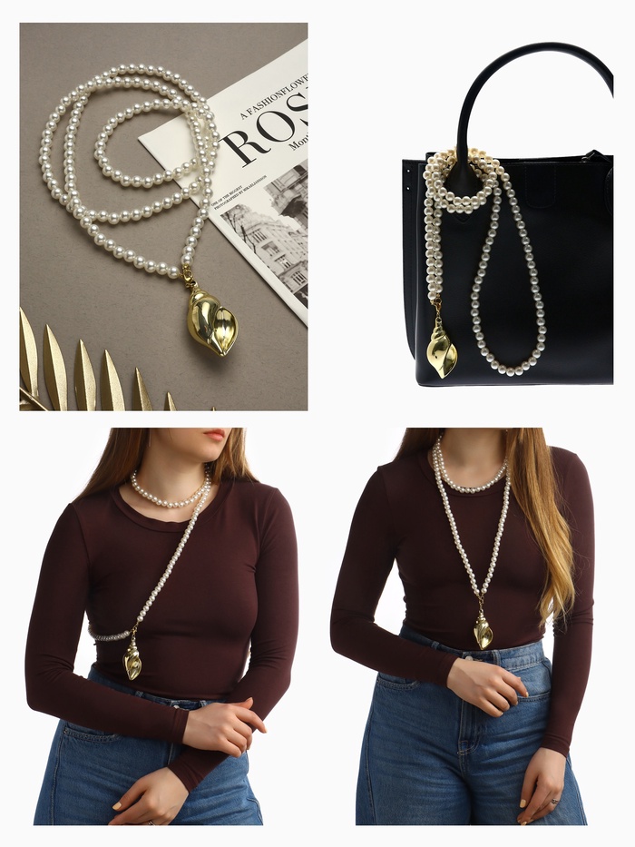 Портупея жемчужная с кулоном «Ракушка», 129 см, белая в золоте - Фото 1