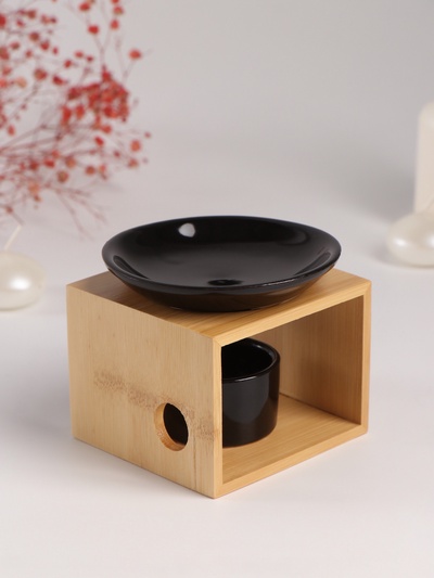 Аромалампа для эфирных масел с подставкой под свечу «Строгие линии», бамбук, керамика, чёрная 9.8×9.8×8 см