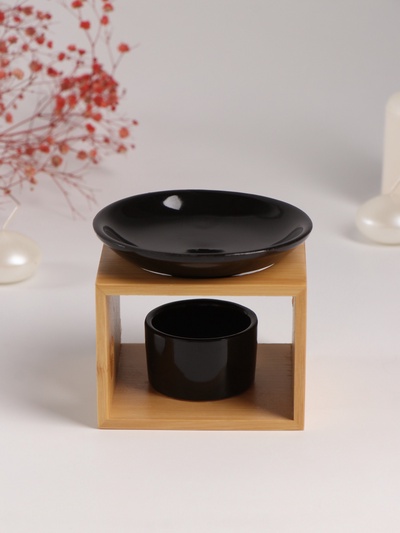 Аромалампа для эфирных масел с подставкой под свечу «Строгие линии», бамбук, керамика, чёрная 9.8×9.8×8 см