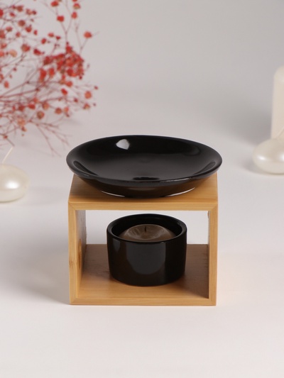 Аромалампа для эфирных масел с подставкой под свечу «Строгие линии», бамбук, керамика, чёрная 9.8×9.8×8 см