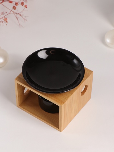 Аромалампа для эфирных масел с подставкой под свечу «Строгие линии», бамбук, керамика, чёрная 9.8×9.8×8 см