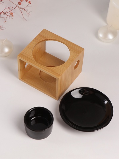 Аромалампа для эфирных масел с подставкой под свечу «Строгие линии», бамбук, керамика, чёрная 9.8×9.8×8 см